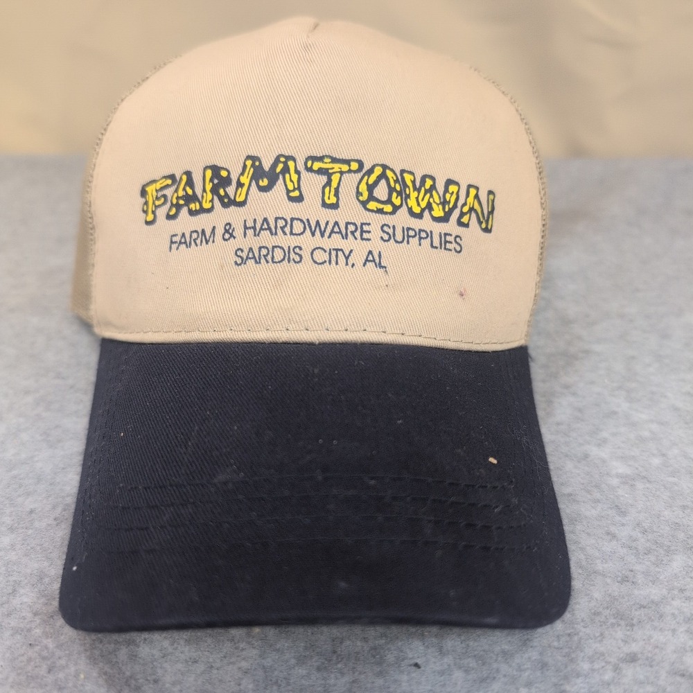 Farmtown Farm & Hardware Supplies Trucker Hat Tan Black Snapback Sardis City, AL - Picture 1 of 2